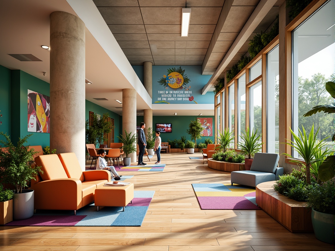 Prompt: Vibrant youth center, modern architecture, open spaces, natural light, wooden floors, indoor plants, lush greenery, tropical flowers, educational murals, inspirational quotes, comfortable seating areas, colorful rugs, abstract art pieces, geometric patterns, warm atmosphere, cozy nooks, soft box lighting, shallow depth of field, 1/1 composition, realistic textures, ambient occlusion.