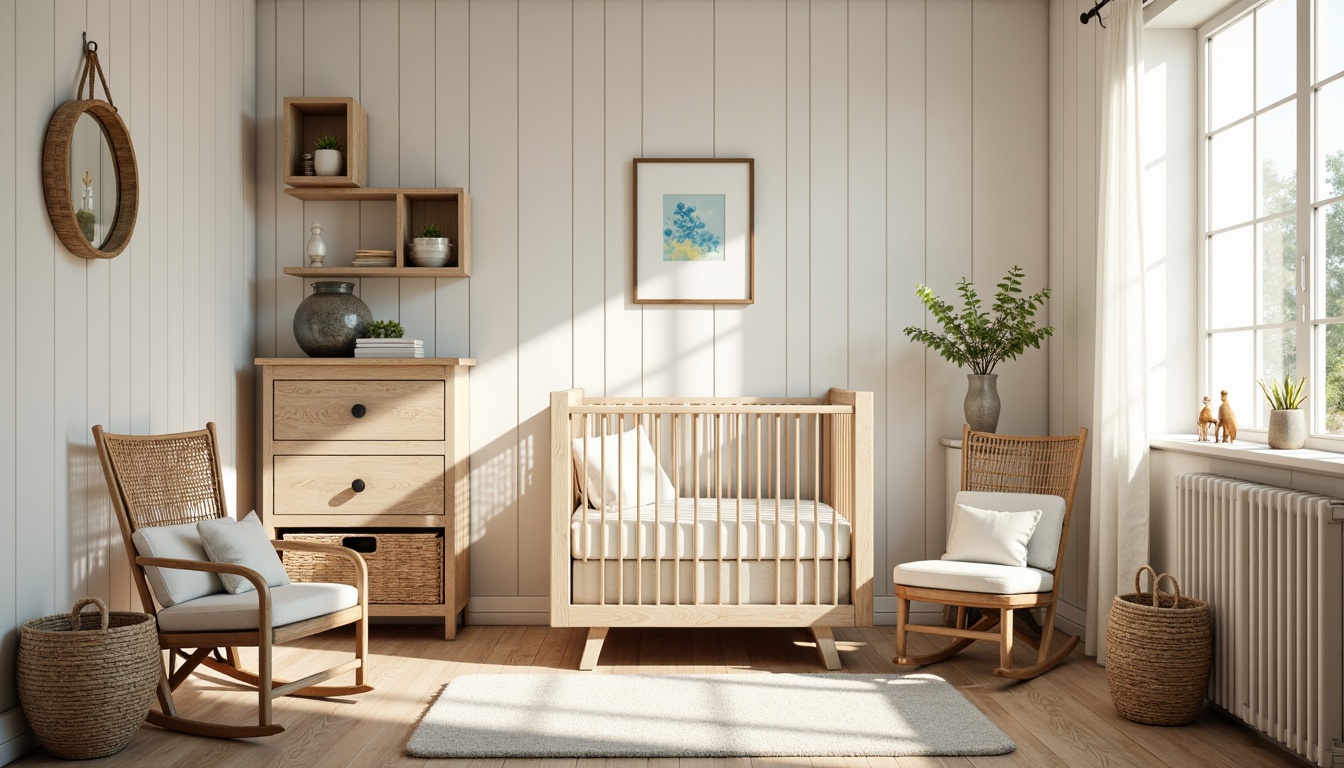 Prompt: Whimsical baby nursery, farmhouse style, soft cream walls, distressed wood accents, vintage metal decor, pastel blue and yellow florals, plush area rug, natural linen fabrics, woven basket storage, rattan crib, wooden rocking chair, warm candlelight, shallow depth of field, 1/1 composition, cozy atmosphere, gentle color palette, rustic textures.