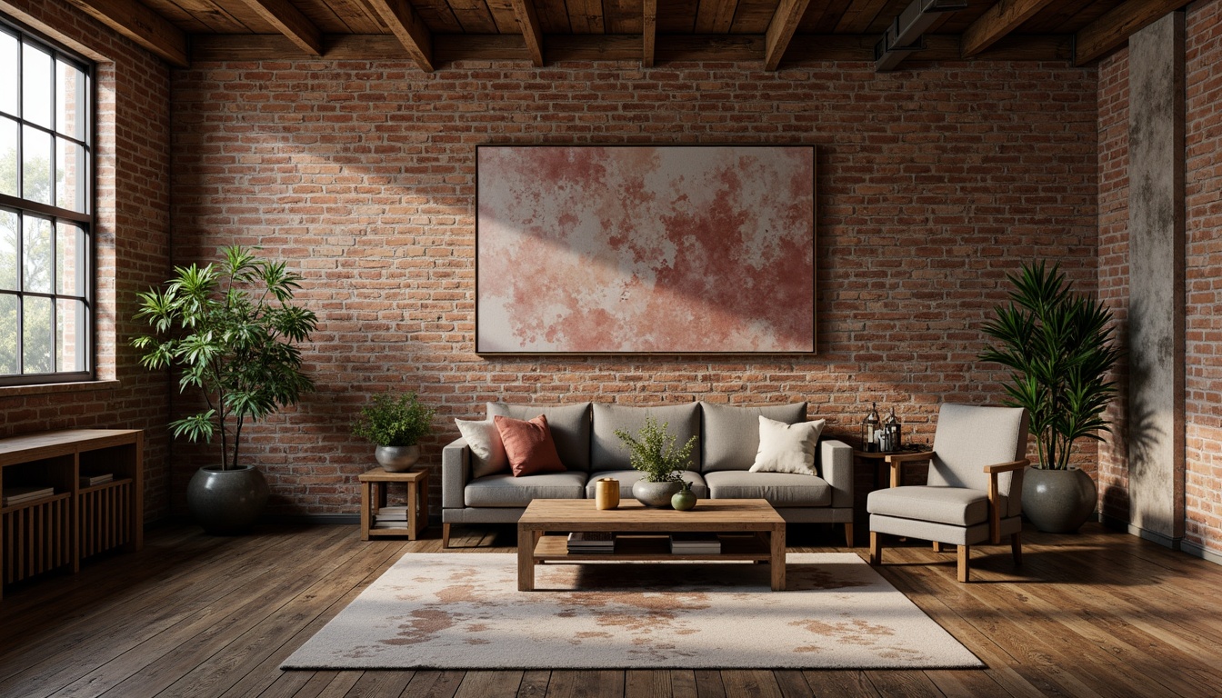 Prompt: Rustic industrial-chic walls, exposed brick textures, rough-hewn stone surfaces, reclaimed wood accents, distressed finishes, earthy color palette, warm ambient lighting, shallow depth of field, 1/1 composition, realistic materials, subtle noise patterns.