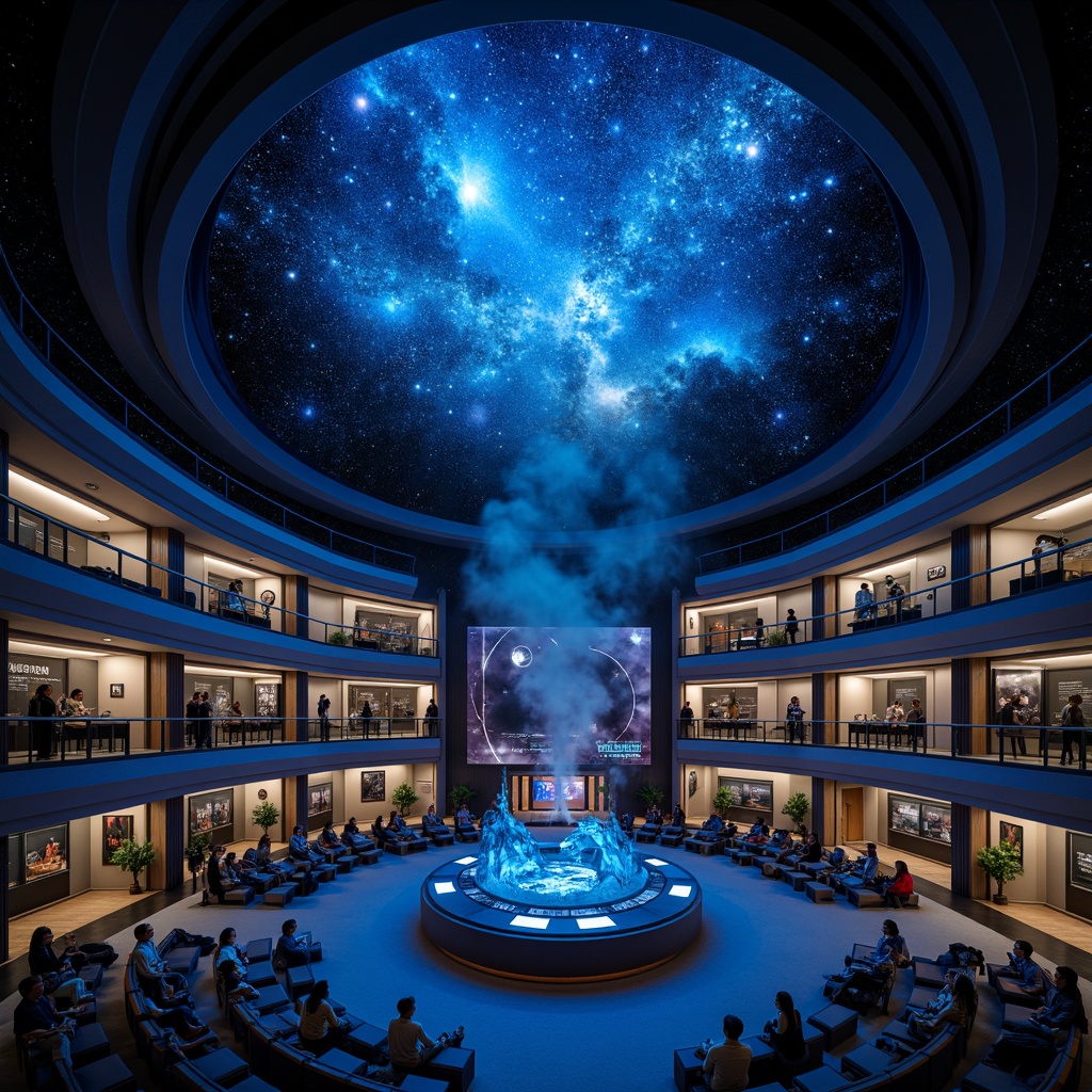 Prompt: Cosmic planetarium interior, dark blue dome ceiling, twinkling starry night sky, circular seating arrangement, tiered levels, interactive exhibit displays, virtual reality experiences, immersive projection screens, astronomical instrument exhibits, space exploration artifacts, futuristic architectural design, metallic accents, neon lighting effects, ambient soundscape, soft misty atmosphere, shallow depth of field, 1/1 composition, realistic textures, atmospheric scattering.