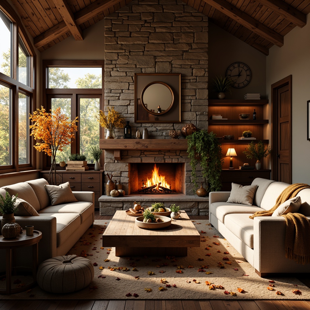 Prompt: Warm great room, crackling stone fireplace, plush sectional sofas, soft warm lighting, rustic wooden accents, natural stone walls, comfortable throw blankets, earthy color palette, inviting ambiance, autumnal decor, fallen leaves, golden afternoon sunbeams, shallow depth of field, 3/4 composition, realistic textures, ambient occlusion.