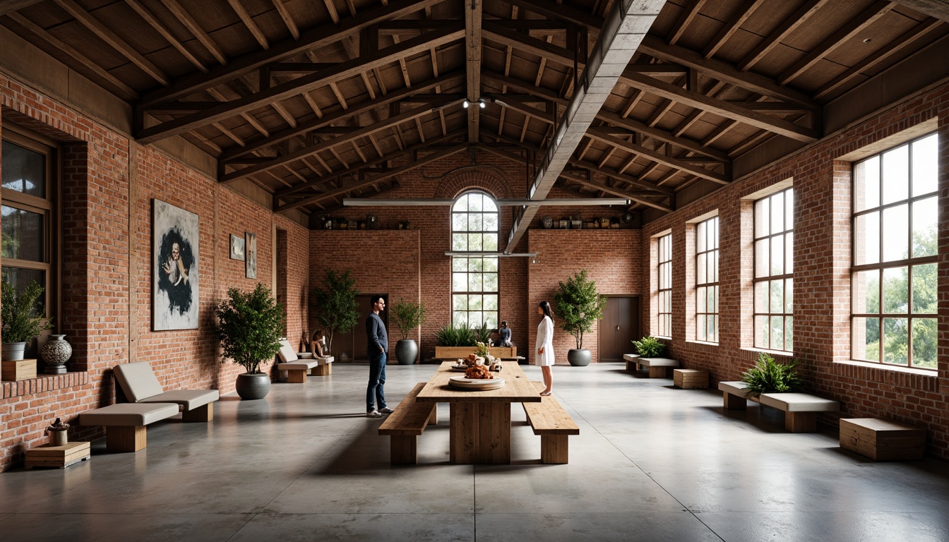 Prompt: Vaulted ceiling, exposed brick walls, industrial metal beams, polished concrete floors, minimalist decor, natural stone accents, reclaimed wood furniture, metal lighting fixtures, cozy reading nooks, rustic wooden benches, spiritual symbols, serene atmosphere, soft warm lighting, shallow depth of field, 1/1 composition, panoramic view, realistic textures, ambient occlusion.