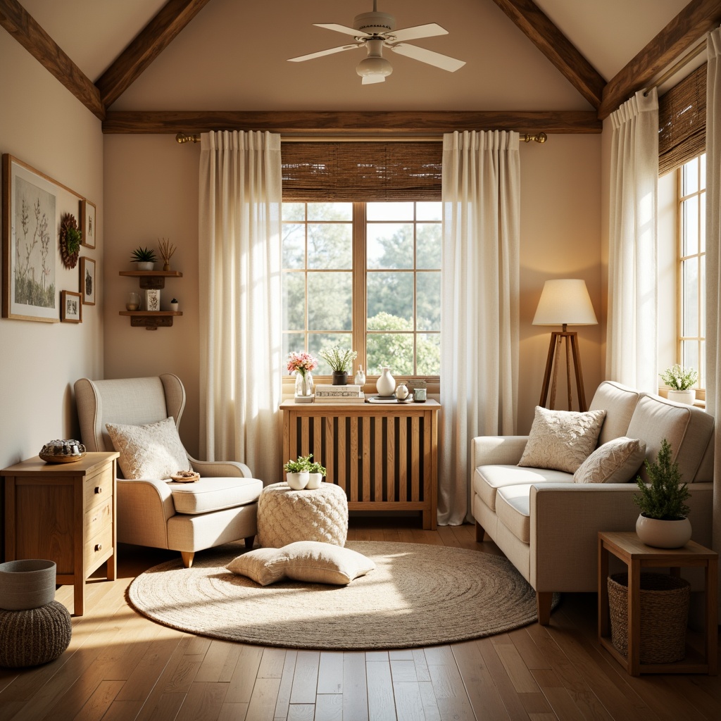 Prompt: Cozy baby room, Craftsman style, warm wood accents, natural fabrics, soft cream colors, gentle light filtering, delicate lace curtains, rustic wooden blinds, woven bamboo shades, earthy tone walls, plush area rugs, vintage decorative pillows, warm beige furniture, soft pastel hues, morning sunlight, shallow depth of field, 1/2 composition, intimate atmosphere.