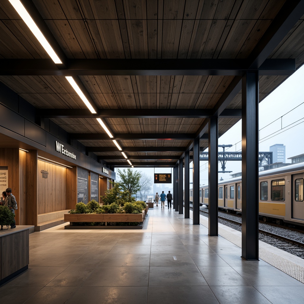 Prompt: Minimalist train station, sleek metal columns, polished concrete floors, subtle ambient lighting, soft warm glow, LED strips, industrial chic aesthetics, functional simplicity, modern signage, elegant typography, sparse greenery, natural stone accents, Scandinavian-inspired design, airy open spaces, high ceilings, gentle shadows, 1/1 composition, soft focus, realistic textures, subtle color grading.