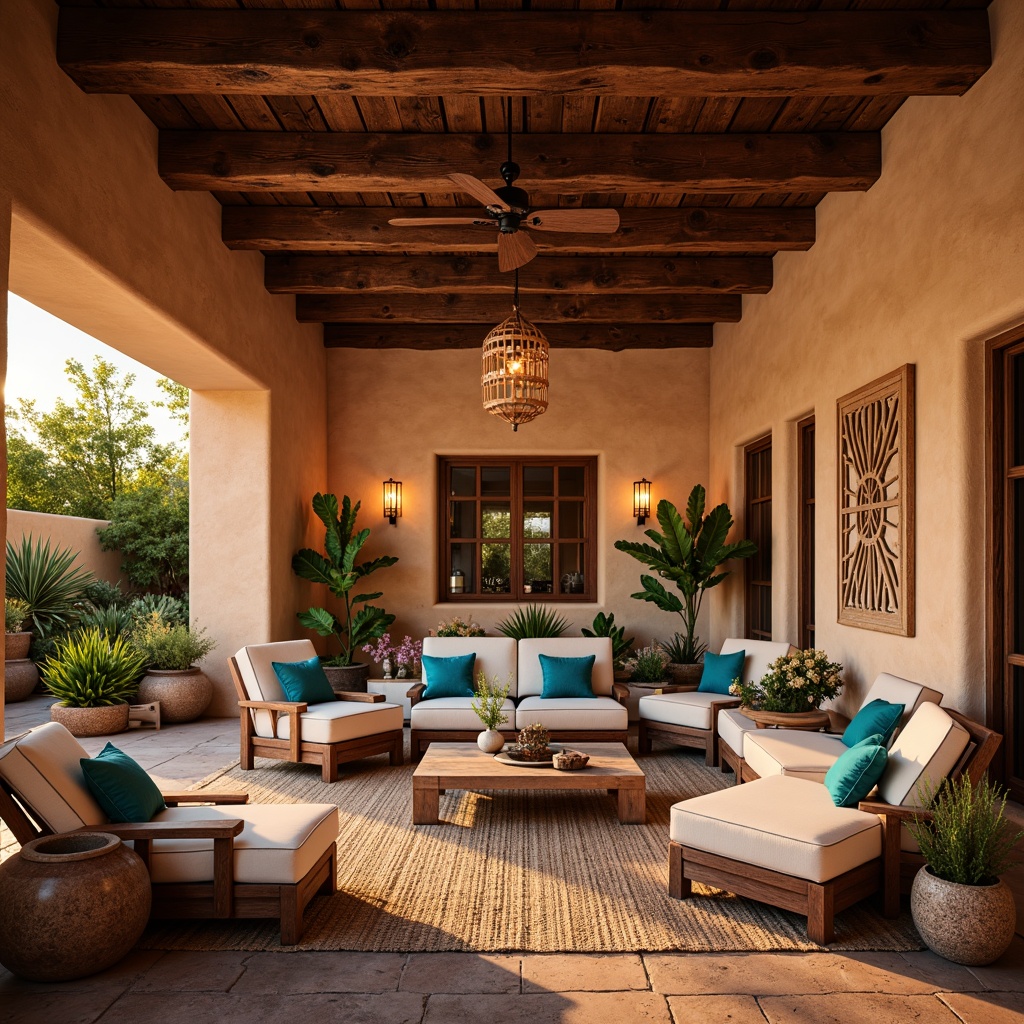 Prompt: Warm ambient lighting, rustic wooden beams, earthy terracotta tones, woven textiles, natural fiber rugs, desert botanicals, cacti plants, vibrant turquoise accents, warm beige stucco walls, wooden ceiling fans, lantern-style pendant lights, soft warm glow, golden hour lighting, shallow depth of field, 1/1 composition, realistic textures, ambient occlusion.