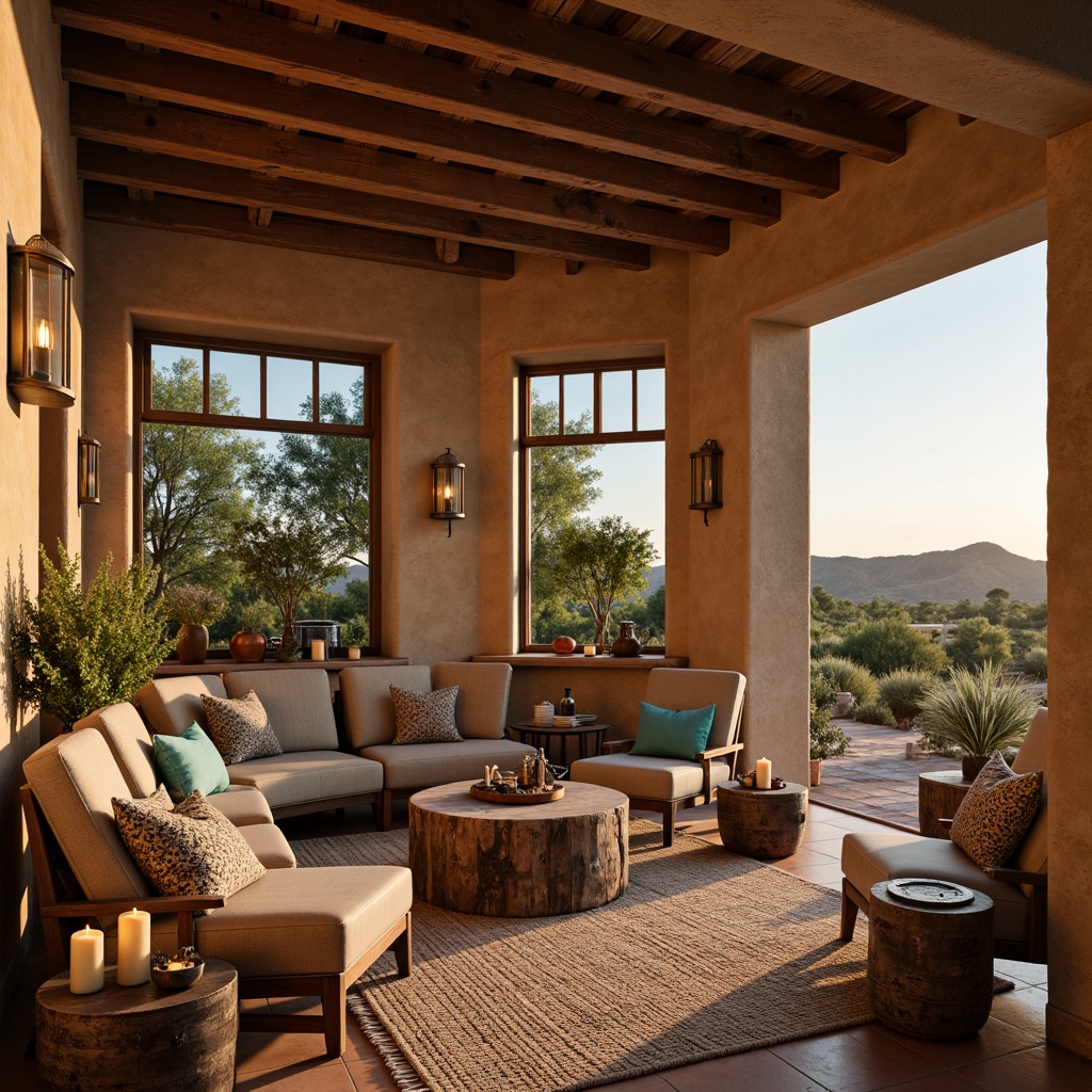 Prompt: Warm desert ambiance, soft warm lighting, ambient occlusion, rustic wooden accents, earthy tone color palette, natural stone textures, woven textiles, patterned rugs, vibrant turquoise hues, warm beige stucco walls, large windows with arched frames, rustic metal lanterns, candles with lantern-style holders, pendant lights with Southwestern-inspired designs, distressed wood furniture, clay tile flooring, earthy scents, warm golden hour lighting, shallow depth of field, 3/4 composition, panoramic view.