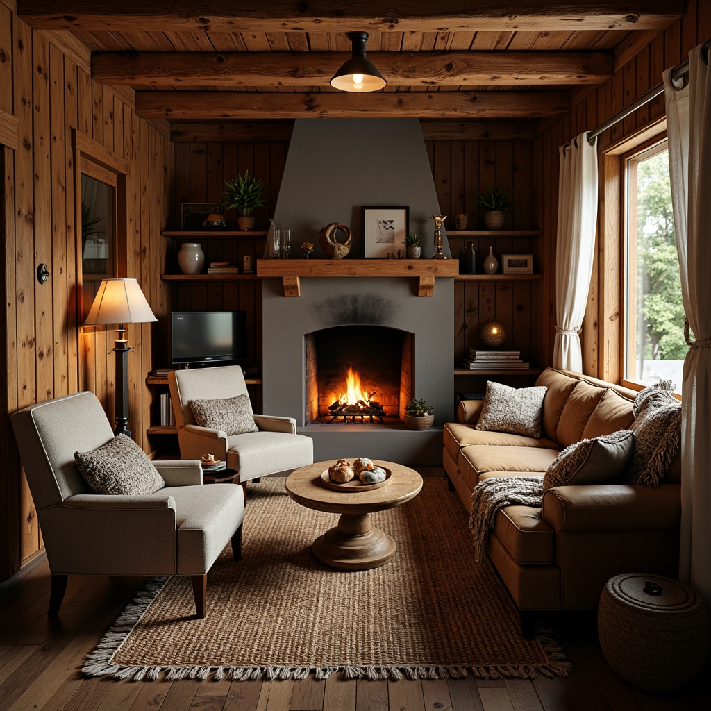 Prompt: Cozy cabin, rustic wooden walls, plush throw blankets, woven wool rugs, vintage armchairs, distressed leather sofas, crackling fireplace, warm golden lighting, soft focus, shallow depth of field, 2/3 composition, inviting atmosphere, natural textures, earthy tones, autumnal colors, comfortable seating areas.