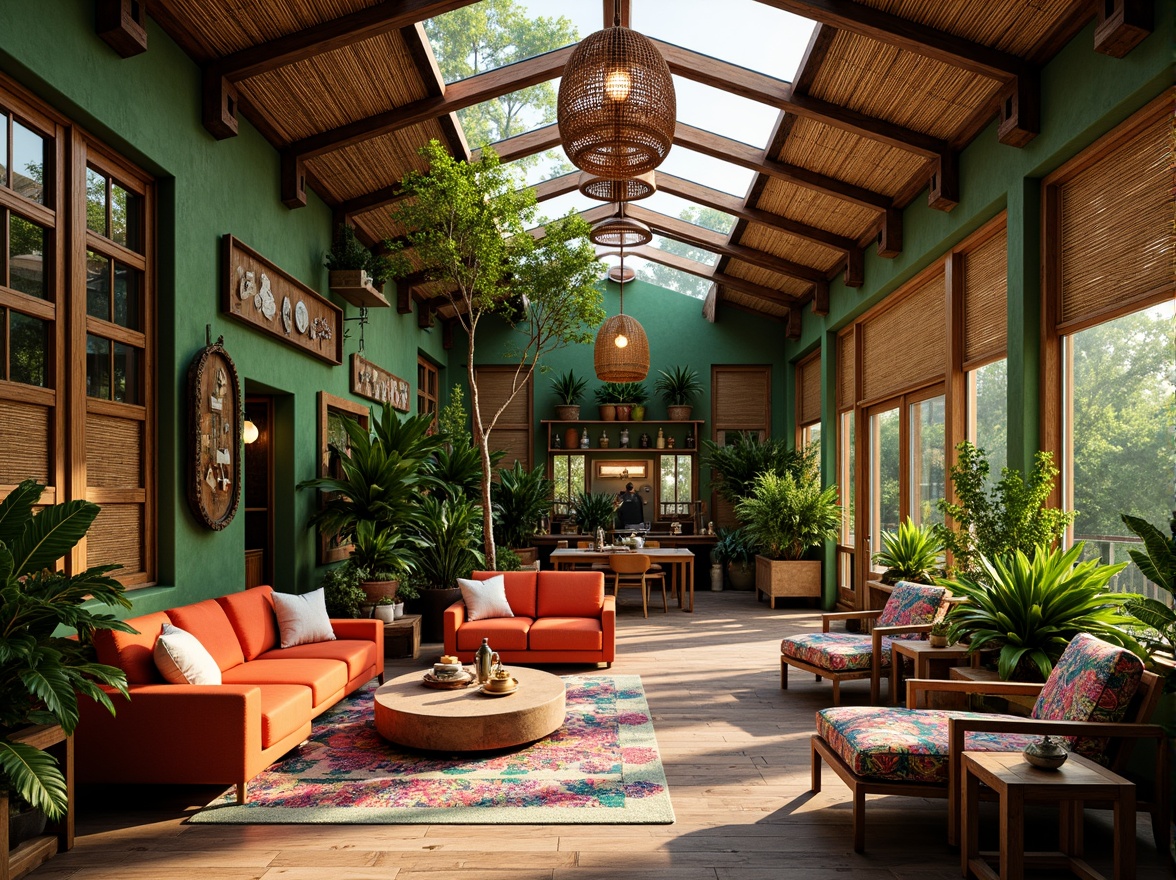 Prompt: Vibrant tropical colors, warm white lighting, pendant lamps, natural rattan furniture, woven bamboo ceilings, lush green walls, exotic plants, colorful tribal patterns, wooden accents, rustic textures, earthy tones, cozy reading nooks, comfortable seating areas, bright skylights, soft diffused light, 1/2 composition, relaxed atmosphere, warm ambiance, realistic rendering.