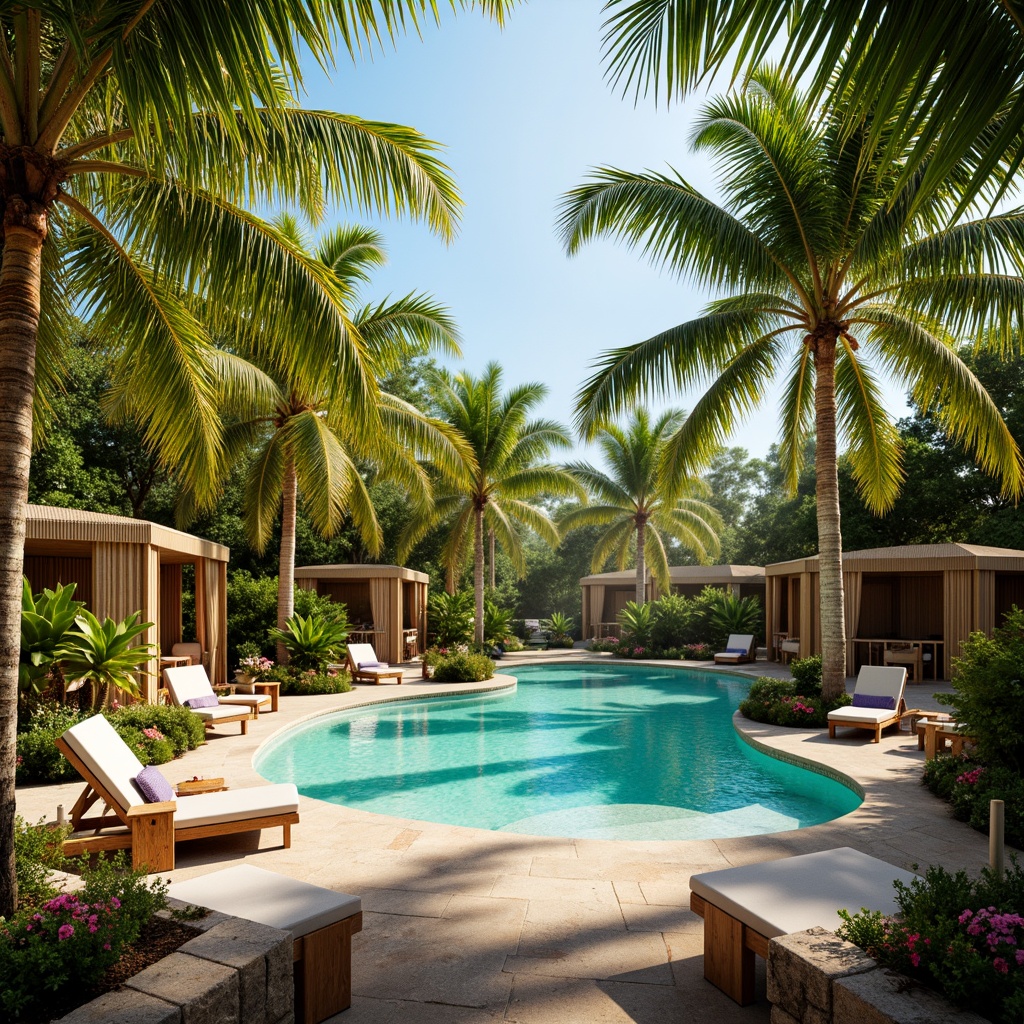 Prompt: Vibrant tropical island, lush green palm trees, warm sunny day, soft golden lighting, gentle ocean breeze, driftwood accents, natural woven textiles, rattan furniture, colorful tiki torches, exotic floral arrangements, refreshing poolside atmosphere, bright turquoise water, powdery white sand, rustic wooden decks, tropical leaf patterns, warm ambient glow, subtle misting effects.