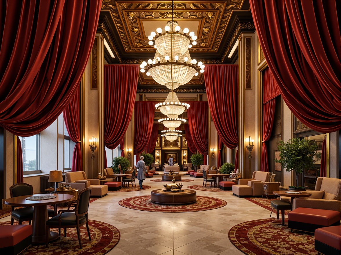 Prompt: Luxurious Art Deco interior, rich velvet drapes, ornate metalwork, polished marble floors, inlaid wood patterns, metallic accents, geometric shapes, bold color schemes, opulent furnishings, lavish chandeliers, intricate moldings, sunburst motifs, chevron designs, zigzag patterns, luxurious fabrics, beaded embellishments, metallic leafing, glossy finishes, high-contrast lighting, dramatic shadows, 1/2 composition, cinematic angle, warm golden tones.