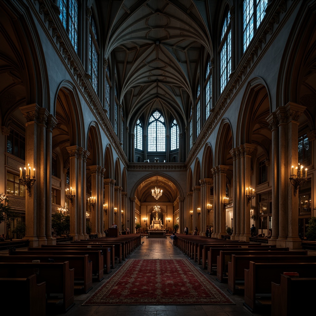 Prompt: Grandiose cathedral-inspired interior, soaring Gothic arches, ribbed vaulted ceilings, ornate stone carvings, stained glass windows, intricate tracery patterns, rich wood paneling, luxurious velvet drapes, majestic chandeliers, atmospheric dim lighting, dramatic shadows, 1/2 composition, low-angle shot, cinematic ambiance, mysterious atmosphere, ancient ruins-inspired textures.