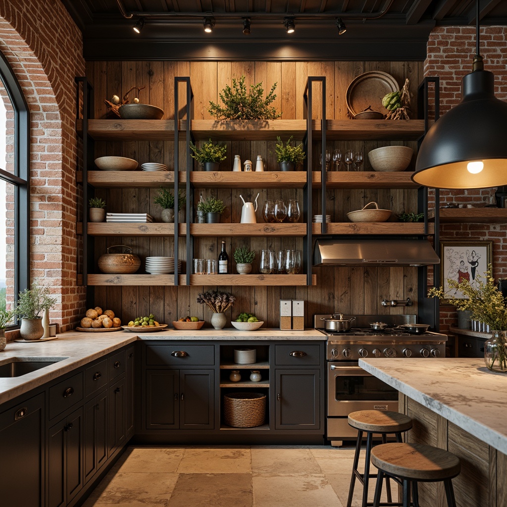 Prompt: Rustic pantry shelves, wooden planks, metal frames, ornate carvings, vintage hardware, earthy tone colors, natural stone countertops, exposed brick walls, modern academic style, industrial lighting fixtures, reclaimed wood accents, decorative corbels, soft warm lighting, shallow depth of field, 1/1 composition, realistic textures, ambient occlusion.