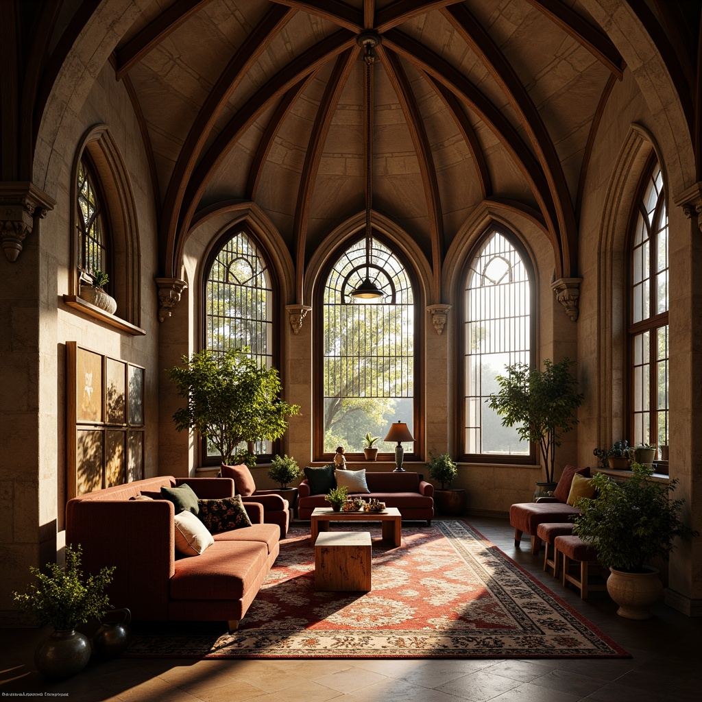 Prompt: Vaulted sunroom, pointed arches, ribbed ceilings, stained glass windows, intricate stone carvings, grandeur atmosphere, ornate furnishings, luxurious textiles, warm golden lighting, soft diffused shadows, 1/1 composition, symmetrical framing, dramatic vertical lines, mystical ambiance, medieval-inspired decor, richly colored tapestries, regal furniture pieces.