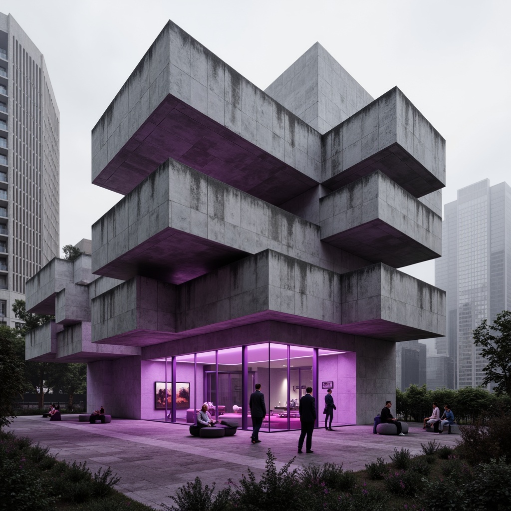 Prompt: Monochromatic brutalist architecture, industrial concrete structures, bold orchid accents, vibrant purple hues, geometric patterns, raw textures, urban cityscape, overcast sky, dramatic shadows, high-contrast lighting, abstract compositions, 1/1 aspect ratio, cinematic mood, atmospheric fog, subtle color gradations, intricate details, modern furniture designs.