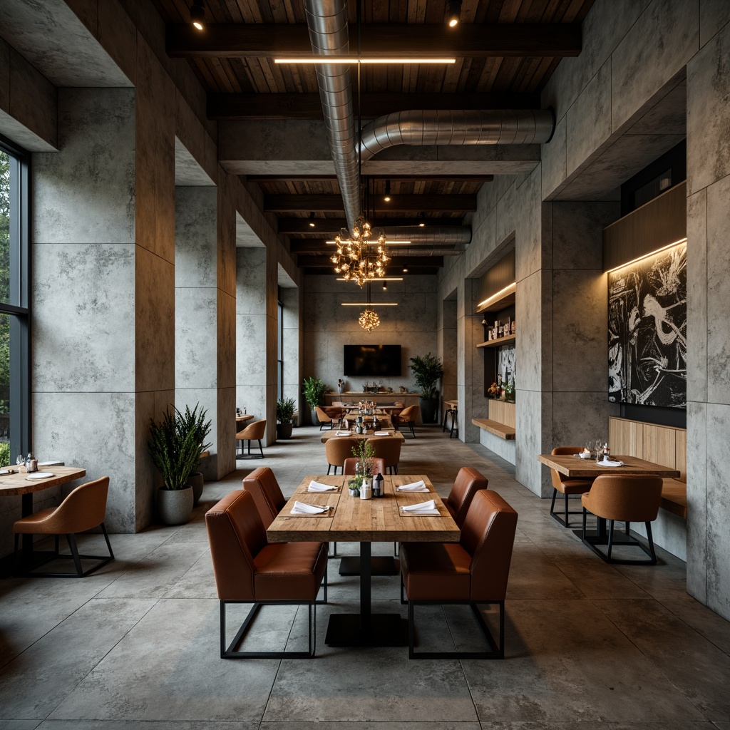 Prompt: Rugged brutalist dining room, raw concrete walls, exposed ductwork, industrial lighting fixtures, reclaimed wood furniture, bold geometric shapes, chunky metal legs, rich leather upholstery, natural stone flooring, dramatic high ceilings, harsh angular lines, monochromatic color scheme, moody atmospheric lighting, cinematic shadows, 1/2 composition, low-angle shot, realistic textures, ambient occlusion.