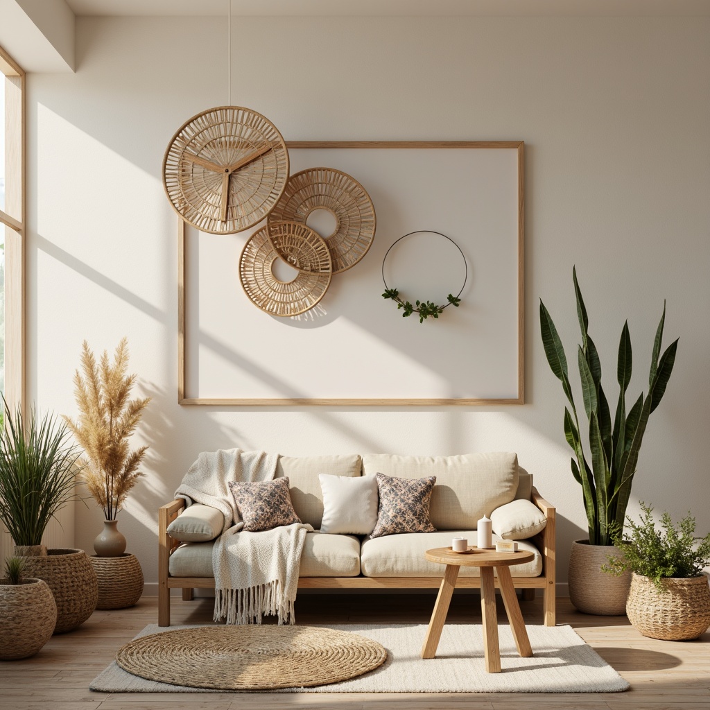 Prompt: Natural wood accents, woven textiles, cozy throw blankets, minimalist candle holders, soft cream-colored walls, warm beige tones, rustic wooden furniture, simple metal frames, lush green plants, Nordic-inspired patterns, organic shapes, earthy color palette, ambient soft lighting, shallow depth of field, 1/1 composition, realistic textures, atmospheric mist.