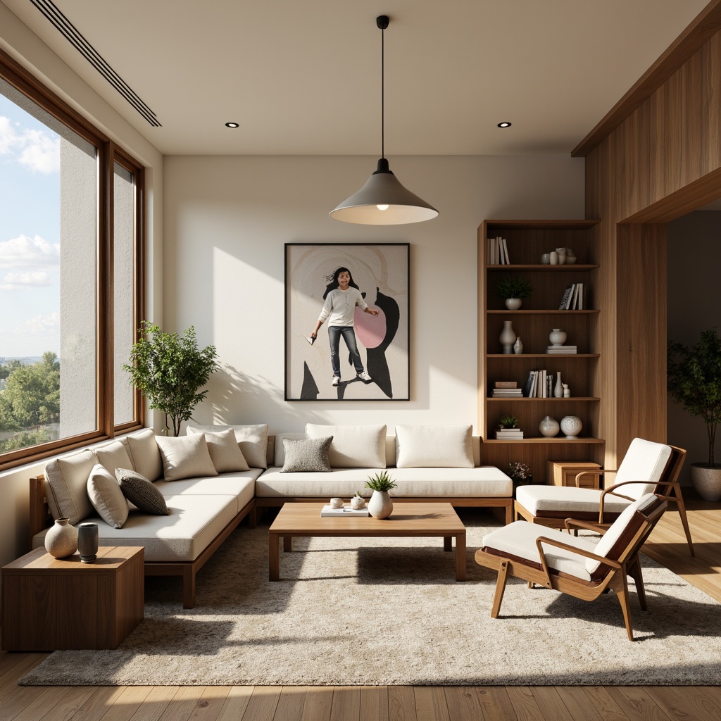 Prompt: Modern living room, comfortable sofa, stylish armchairs, wooden coffee table, decorative vases, floor lamps, cozy rug, minimalist decor, natural wood accents, sleek metal legs, soft cushioning, ergonomic design, functional storage units, stylish shelving, contemporary art pieces, warm beige walls, large windows, bright natural light, soft ambient lighting, 1/1 composition, realistic textures, subtle shadows.