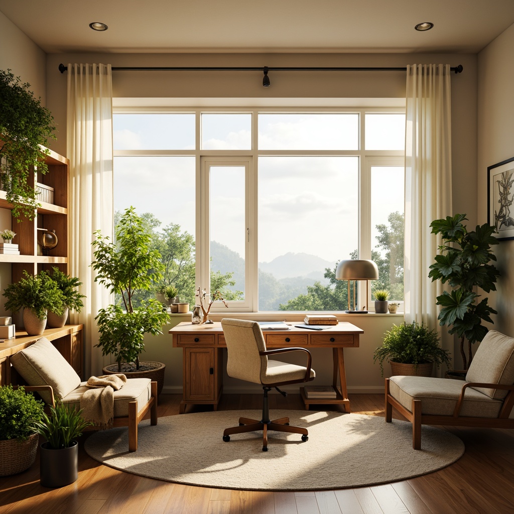 Prompt: Cozy home office, large windows, soft diffused light, minimalist decor, wooden desk, ergonomic chair, lush greenery, potted plants, natural textiles, warm beige walls, creamy white curtains, subtle shading, indirect sunlight, morning glow, gentle ambiance, 1/1 composition, shallow depth of field, realistic rendering.