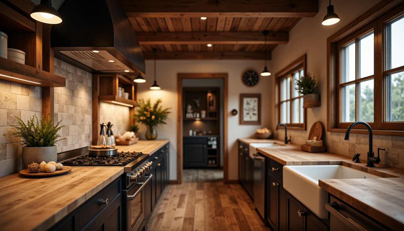 Prompt: Warm kitchen ambiance, butcher-block countertops, rich wood tones, natural stone backsplashes, earthy color palette, farmhouse sink, pendant lighting, rustic metal fixtures, exposed beams, wooden cabinetry, soft warm lighting, shallow depth of field, 1/2 composition, realistic textures, ambient occlusion.