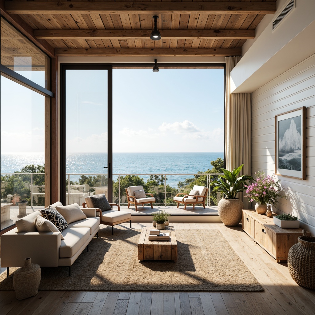 Prompt: Coastal living room, large windows, sliding glass doors, ocean views, natural light pouring in, airy feel, beachy vibe, driftwood furniture, white shiplap walls, sea salt air, calming atmosphere, soft warm lighting, 3/4 composition, shallow depth of field, realistic textures, ambient occlusion.