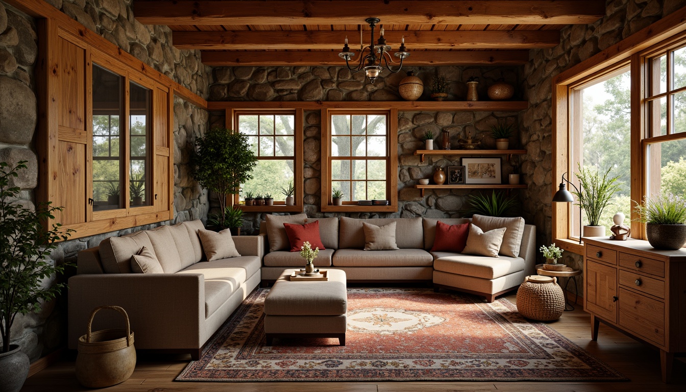 Prompt: Cozy cabin, wooden accents, natural stone walls, earthy tones, warm lighting, plush furniture, woven textiles, vintage decorative items, rustic metal fixtures, distressed wood finishes, organic shapes, natural materials, handcrafted details, intricate woodworking, warm color palette, soft shadows, shallow depth of field, 1/1 composition, realistic textures, ambient occlusion.