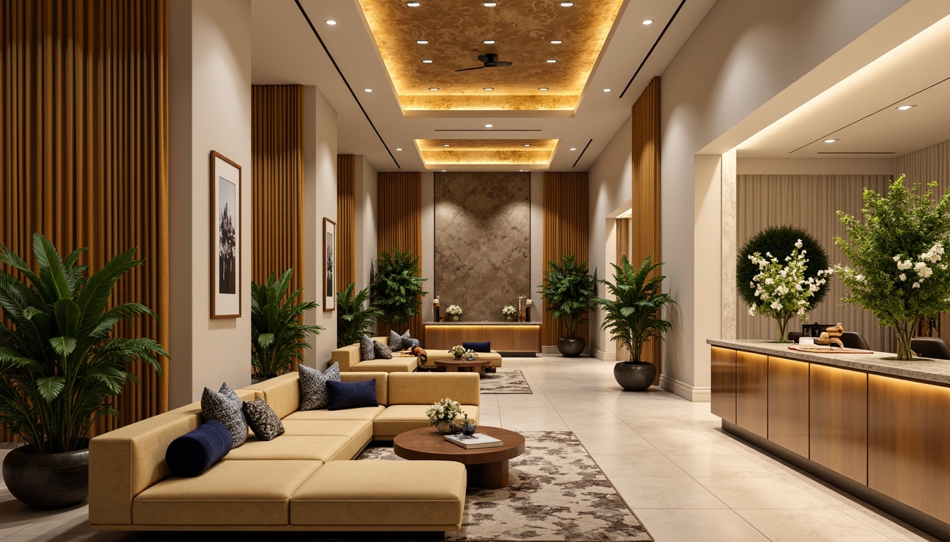 Prompt: Rich velvet fabrics, luxurious golden accents, soft cream walls, warm beige furniture, elegant marble countertops, subtle bronze lighting, vibrant emerald greenery, lush potted plants, natural wood flooring, plush area rugs, sophisticated neutral tones, ambient warm glow, dramatic ceiling heights, spacious open layout, 1/1 composition, realistic reflections, detailed textures.