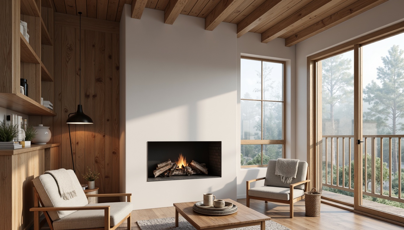 Prompt: Clean-lined Scandinavian cabin, natural wood textures, white minimal walls, sparse decorations, cozy fireplace, warm candlelight, soft blankets, Nordic-inspired furniture, sleek wooden chairs, minimalist decor, calm atmosphere, serene forest surroundings, misty morning light, shallow depth of field, 1/1 composition, realistic rendering.