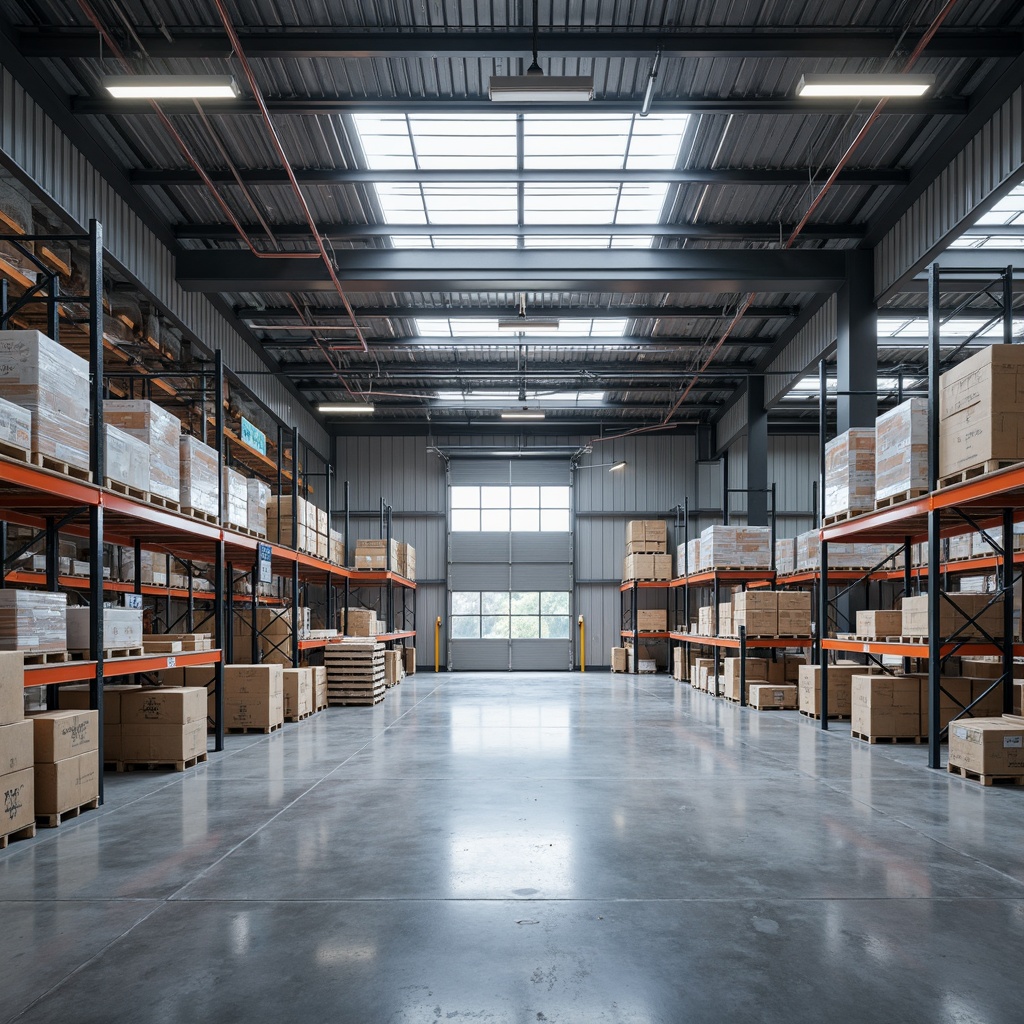 Prompt: Industrial distribution center interior, polished concrete floors, exposed ductwork, metal beams, functional lighting, storage racks, commercial shelving units, epoxy-coated walls, durable vinyl flooring, high-gloss paint finishes, metallic accents, minimalist decor, open layout, natural light influx, overhead skylights, steel doors, aluminum frames, industrial-style signage, modern warehouse ambiance, softbox lighting, 1/1 composition, realistic reflections.