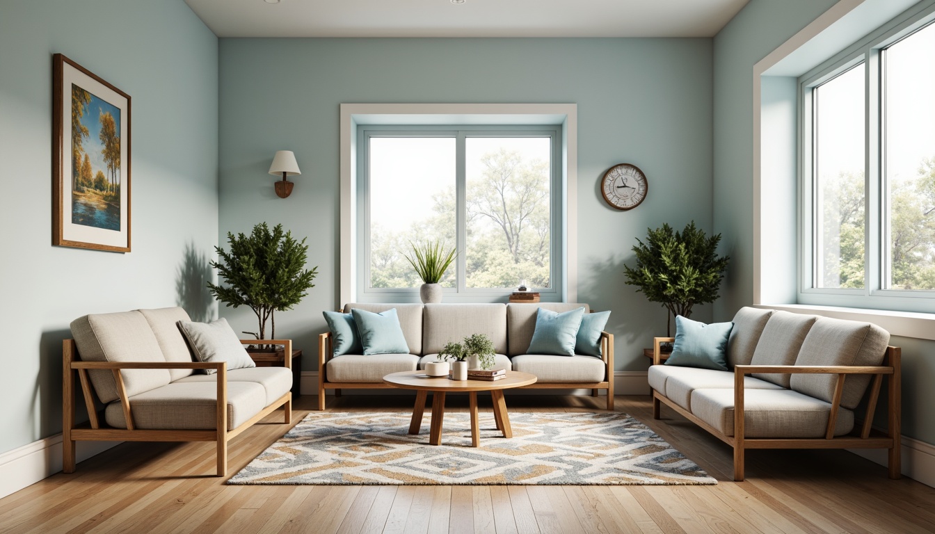 Prompt: Light blue accent walls, natural wood flooring, mid-century modern furniture, sleek low-profile sofas, geometric patterned rugs, vintage decorative lighting, minimalist decor, organic shapes, earthy tones, creamy whites, soft pastel hues, warm golden lighting, shallow depth of field, 1/2 composition, realistic textures, ambient occlusion, tranquil atmosphere.