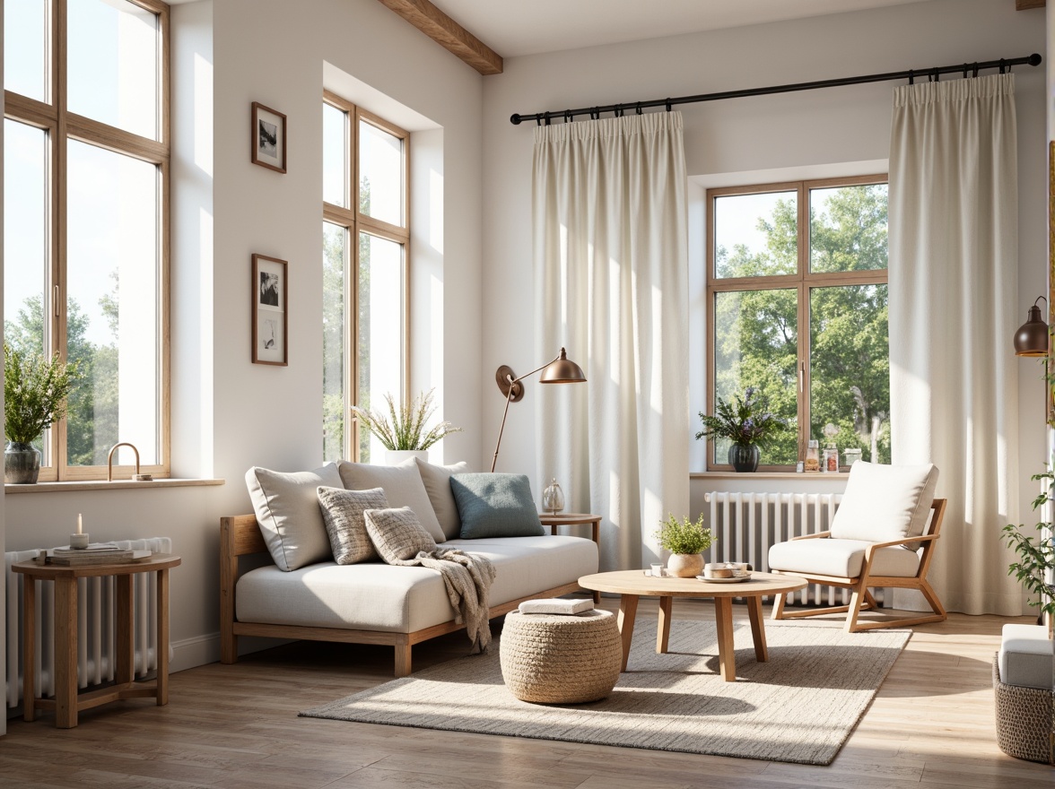 Prompt: Light-filled Scandinavian interior, soft creamy whites, warm beige tones, gentle grays, calming blues, natural wood accents, woven textiles, rustic wooden floors, minimalist decor, cozy reading nooks, floor-to-ceiling windows, sheer curtains, subtle Nordic patterns, warm candlelight, 1/1 composition, shallow depth of field, realistic wood textures, ambient occlusion.