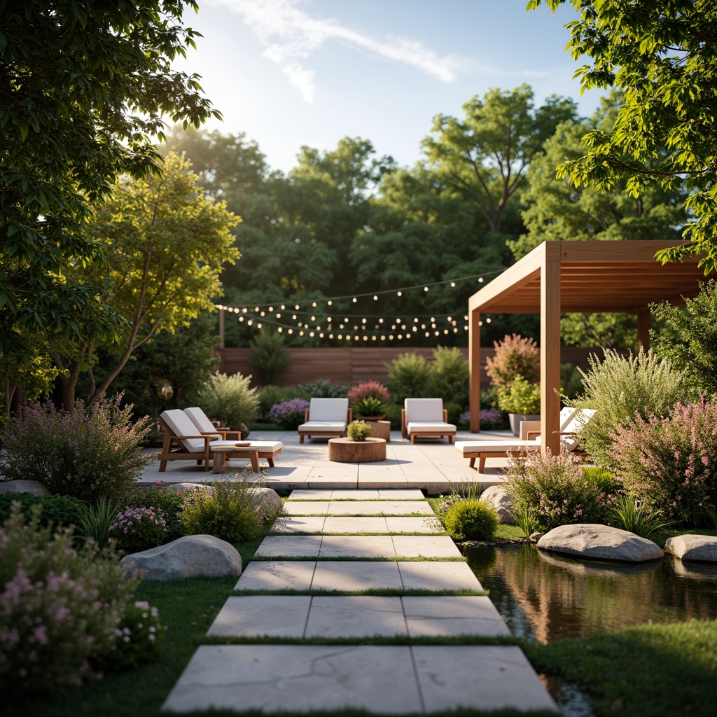 Prompt: Cozy patio, lush greenery, vibrant flowers, comfortable outdoor furniture, warm string lights, natural stone flooring, wooden accents, modern pergola, tranquil water features, soft misting system, warm sunny day, shallow depth of field, 3/4 composition, panoramic view, realistic textures, ambient occlusion.