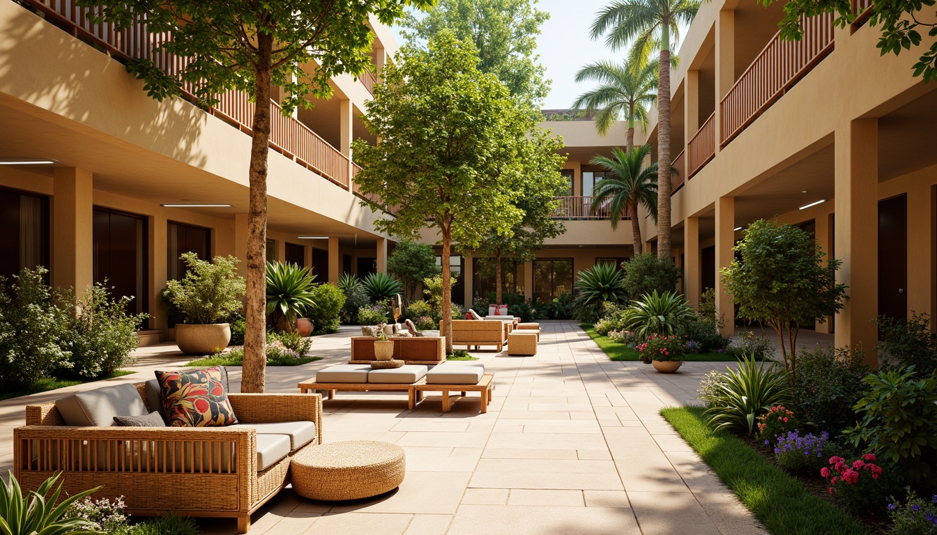 Prompt: Tropical student hall, warm beige walls, natural wood accents, rattan furniture, vibrant greenery, palm trees, colorful blooms, soft warm lighting, ambient glow, LED strip lights, pendant lamps, natural textiles, woven baskets, earthy tone flooring, open-air courtyard, lush landscaping, water features, tropical plants, sunny day, shallow depth of field, 1/1 composition, realistic textures, soft focus.