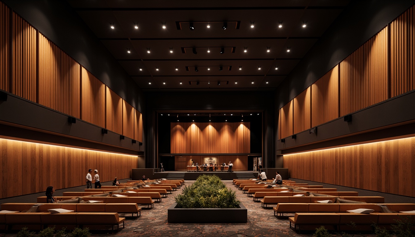 Prompt: Modern auditorium interior, sleek lines, luxurious fabrics, rich wood tones, elegant metal accents, sophisticated color palette, comfortable seating, ergonomic design, acoustic paneling, subtle ambient lighting, dramatic stage lighting, professional audio equipment, minimalist decor, expansive open space, grandiose high ceilings, refined architectural details.