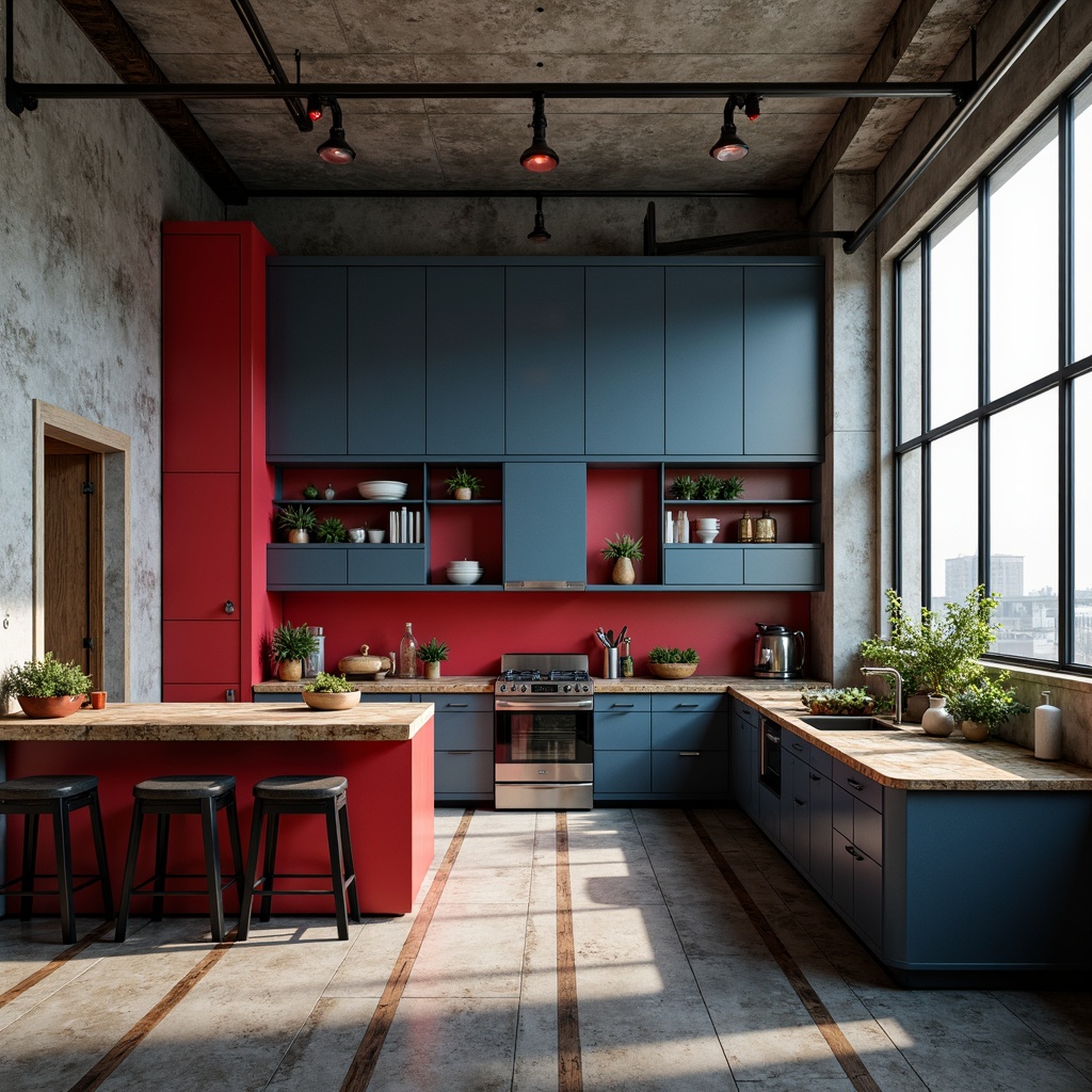 Prompt: Industrial kitchen space, exposed concrete walls, raw metal beams, bold red accents, deep blue cabinetry, rugged stone countertops, distressed wood flooring, industrial-style lighting fixtures, metallic appliances, brutalist architectural elements, urban loft atmosphere, high ceilings, large windows, natural light pouring in, dramatic shadows, 3/4 composition, shallow depth of field, realistic textures, ambient occlusion.