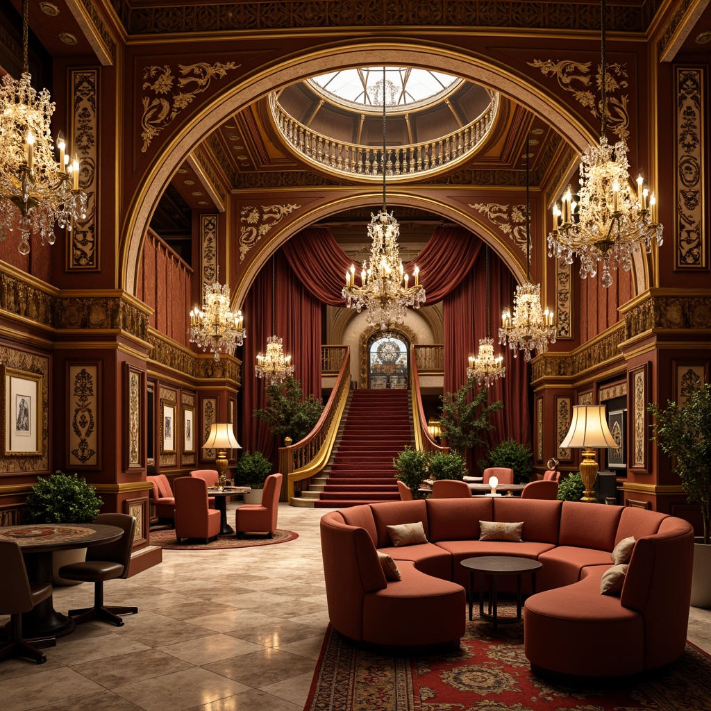 Prompt: Opulent casino interior, lavish furnishings, intricately carved wooden panels, gilded ornate mirrors, crystal chandeliers, velvet drapes, golden accents, delicate filigree patterns, curved lines, ornate molding, rich tapestries, marble floors, grand staircases, sweeping archways, luxurious upholstery, soft warm lighting, shallow depth of field, 1/1 composition, realistic textures, ambient occlusion.