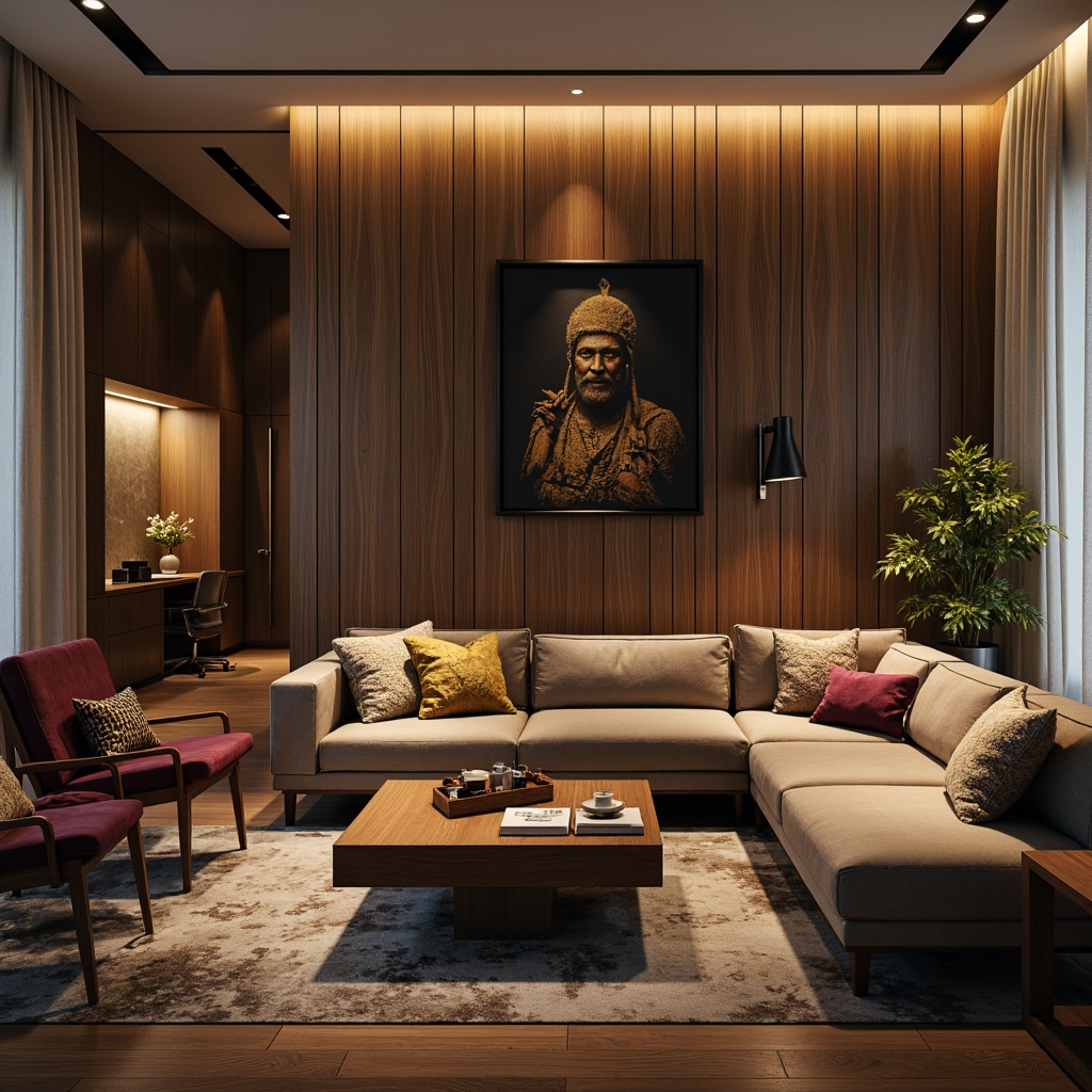 Prompt: Modern living room, sleek sofa, velvet upholstery, wooden coffee table, minimalist decor, ambient lighting, soft cushions, ergonomic chairs, metallic accents, luxurious fabrics, statement pieces, eclectic mix, mid-century modern inspirations, warm color palette, natural textures, 3/4 composition, shallow depth of field, realistic reflections.