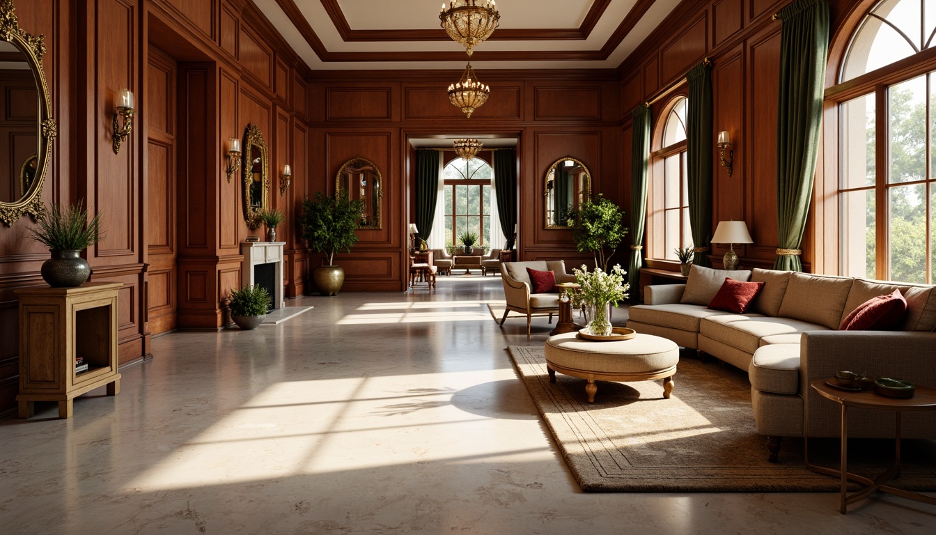 Prompt: Elegant classic interior, rich wood tones, ornate furnishings, cream marble floors, velvet drapes, gilded accents, subtle gold leafing, soft warm lighting, ornamental mirrors, carved wooden paneling, luxurious fabrics, sophisticated color palette, muted earthy hues, terracotta reds, mossy greens, dusty blues, creamy whites, natural stone textures, intricate moldings, refined architectural details, subtle sheen, high contrast ratio, atmospheric perspective, realistic reflections.