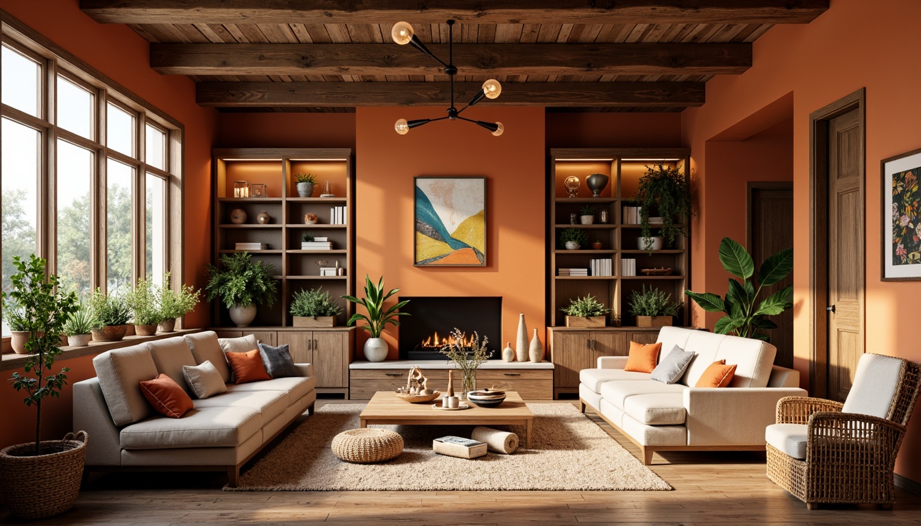 Prompt: Vibrant living room, warm earthy tones, rich wood accents, comfortable furniture, soft cushions, bold accent walls, natural textiles, woven baskets, potted plants, large windows, abundance of natural light, cozy reading nooks, rustic wooden shelves, industrial metal lighting, eclectic decorative objects, modern abstract artwork, subtle color gradients, harmonious color balance, 1/1 composition, atmospheric warm glow, realistic reflections.