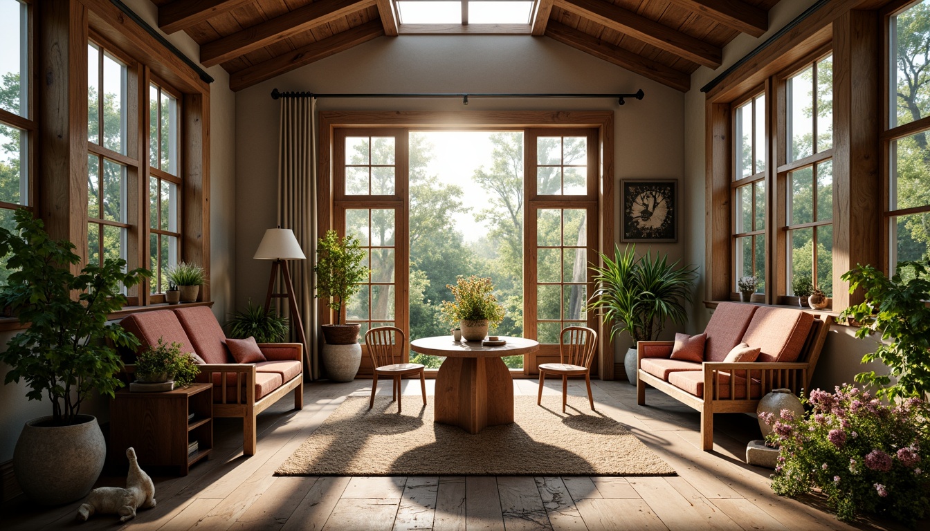 Prompt: Cozy breakfast nook, eclectic vintage decor, distressed wood furniture, rustic metal accents, warm earthy tones, abundant natural light, large skylight, sliding glass doors, lush greenery, blooming flowers, morning sunlight, soft warm glow, shallow depth of field, 1/2 composition, realistic textures, ambient occlusion.