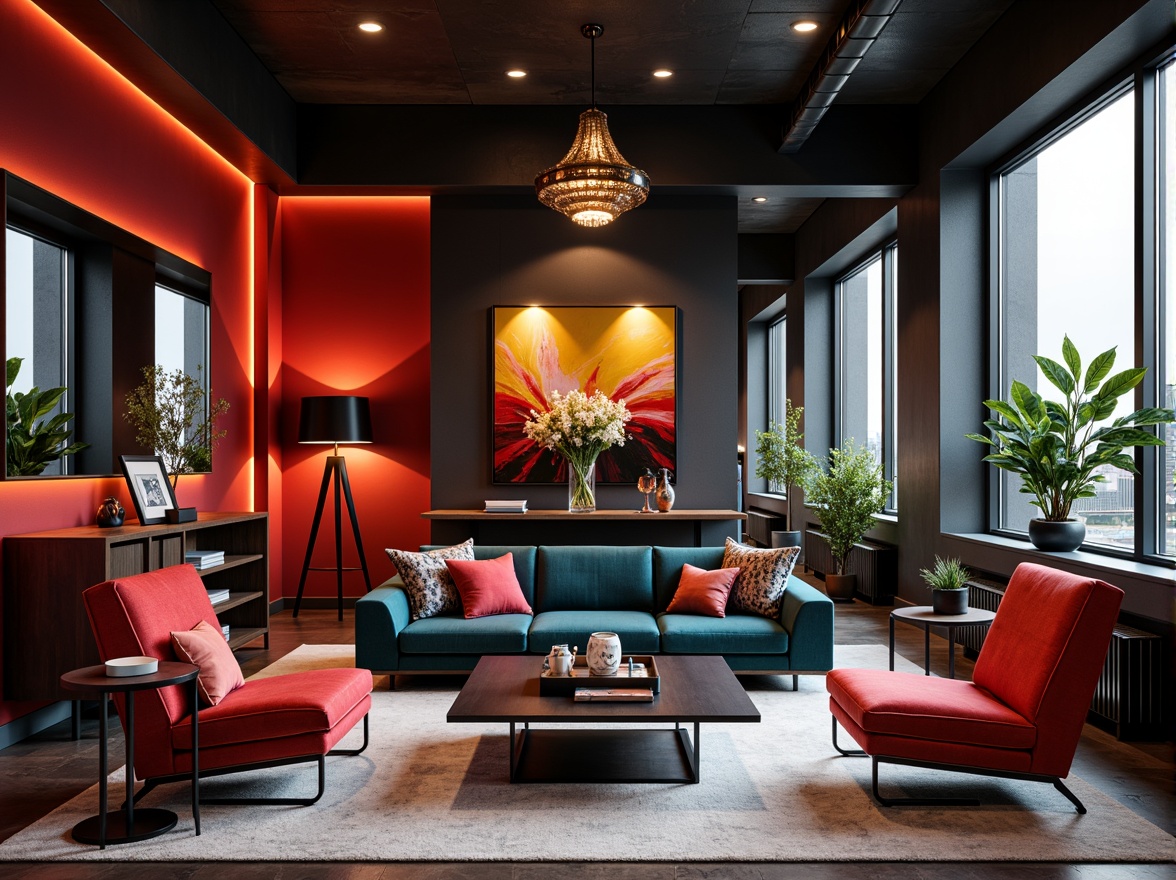 Prompt: Vibrant contrasting accents, bold color blocking, dynamic geometric patterns, sleek modern furniture, polished metallic surfaces, luxurious velvet textiles, statement lighting fixtures, open floor plans, high ceilings, urban loft atmosphere, dramatic shadows, low-key ambient lighting, 1/1 composition, cinematic camera angles, realistic renderings, advanced normal mapping.