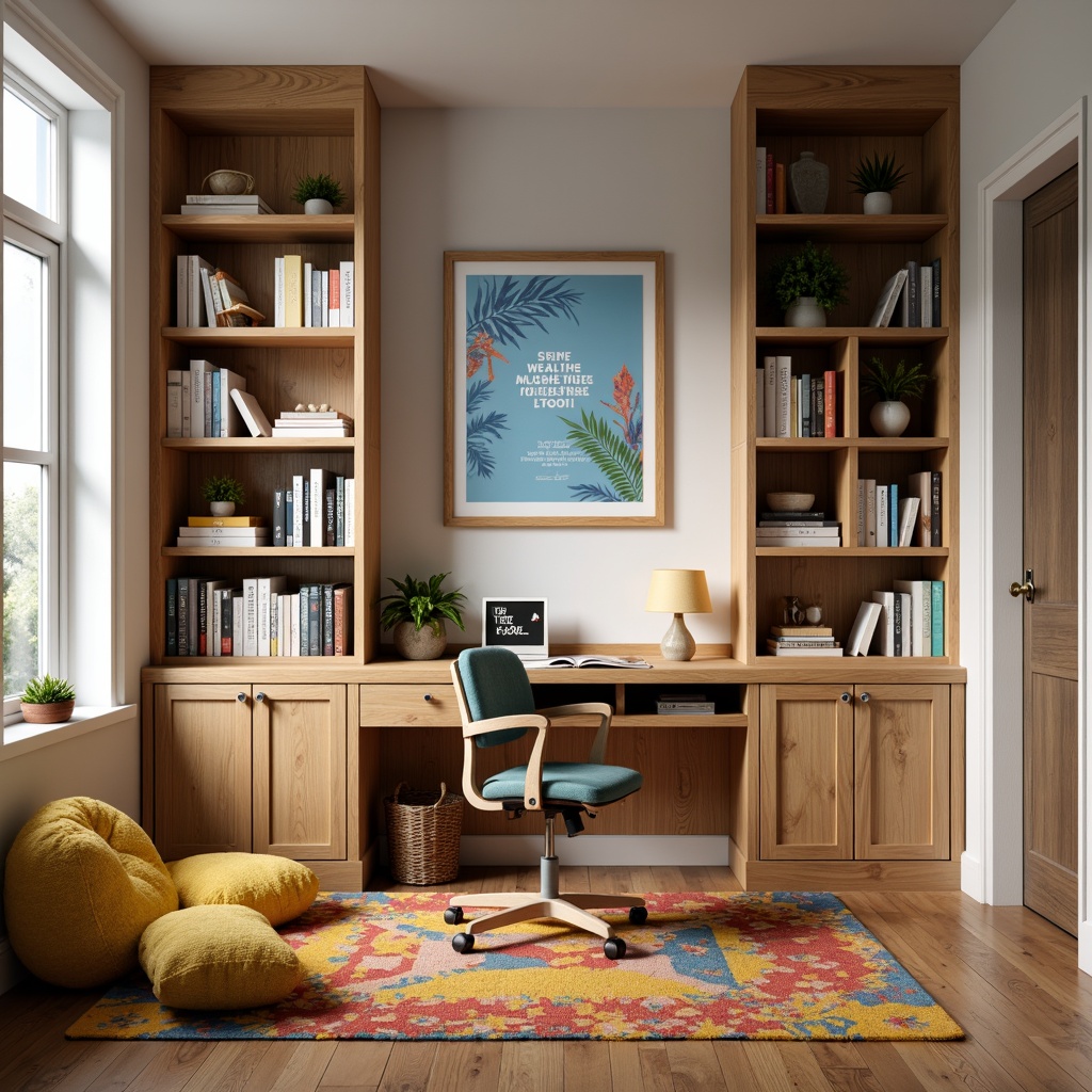 Prompt: Cozy study nook, wooden desk, ergonomic chair, bookshelves, colorful rug, vibrant wall art, motivational quotes, inspirational posters, natural oak flooring, soft warm lighting, 1/1 composition, realistic textures, ambient occlusion, playful bean bags, educational toys, interactive whiteboard, fun geometric patterns, modern minimalist design, comfortable reading area, plush pillows, cheerful yellow accents.