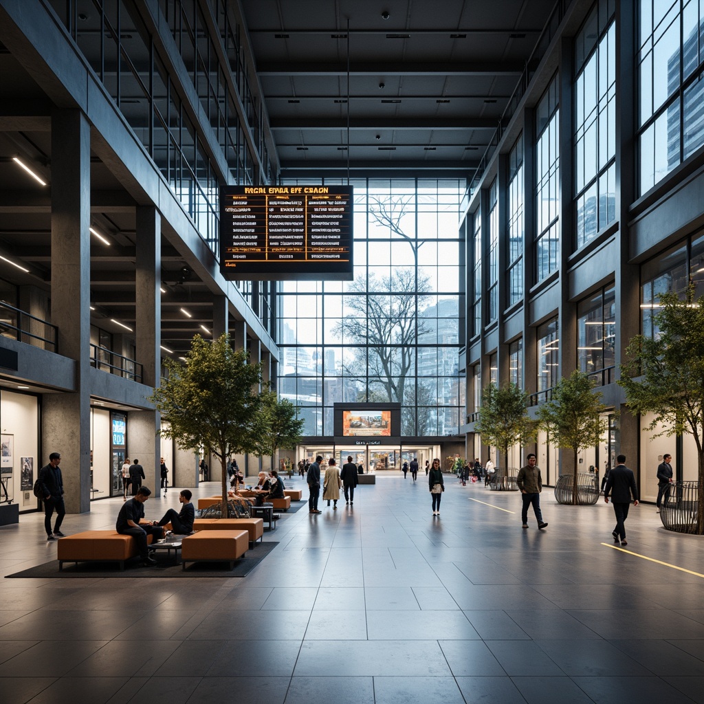 Prompt: Modern train station interior, minimalist design aesthetic, clean lines, neutral color palette, sleek signage, wayfinding solutions, intuitive navigation, digital displays, real-time information, subtle ambient lighting, spacious waiting areas, comfortable seating, quiet atmosphere, natural stone flooring, steel columns, glass ceilings, airy openness, shallow depth of field, 1/1 composition, realistic textures, ambient occlusion.