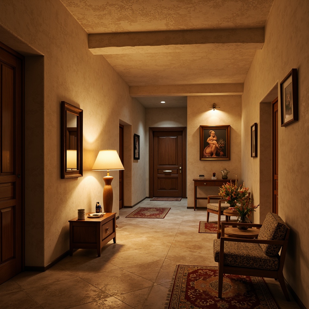 Prompt: Warm cozy hallway, soft warm lighting, table lamps, floor lamps, pendant lights, rustic wooden accents, natural stone flooring, plush area rugs, comfortable seating areas, earthy color palette, warm beige walls, soft cream ceiling, subtle texture contrasts, inviting atmosphere, relaxed ambiance, 1/2 composition, shallow depth of field, realistic rendering.