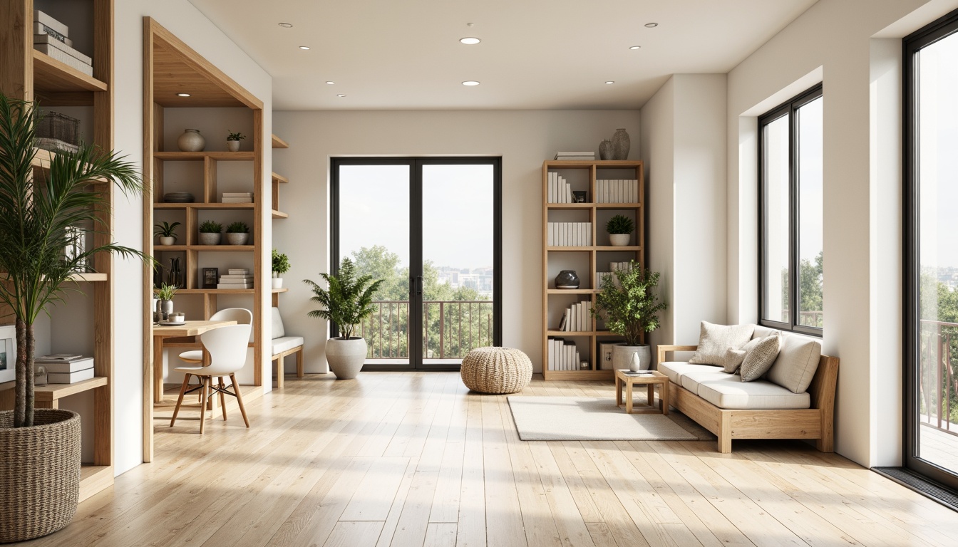 Prompt: Bright airy interior, minimal ornamentation, light-colored wooden floors, floor-to-ceiling windows, sliding glass doors, cozy reading nooks, built-in shelving units, natural textiles, woven baskets, potted greenery, soft diffused lighting, 1/1 composition, shallow depth of field, realistic wood grain textures, ambient occlusion.