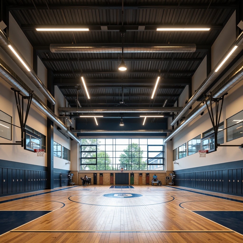 Prompt: Modern gymnasium interior, high ceilings, polished wood flooring, basketball court markings, sports equipment, athletic lockers, sleek metal beams, industrial-style lighting fixtures, pendant lamps, suspended overhead lights, LED strip lighting, energy-efficient solutions, bright white illumination, high-contrast shadows, dramatic ambiance, shallow depth of field, 2/3 composition, realistic textures, ambient occlusion.