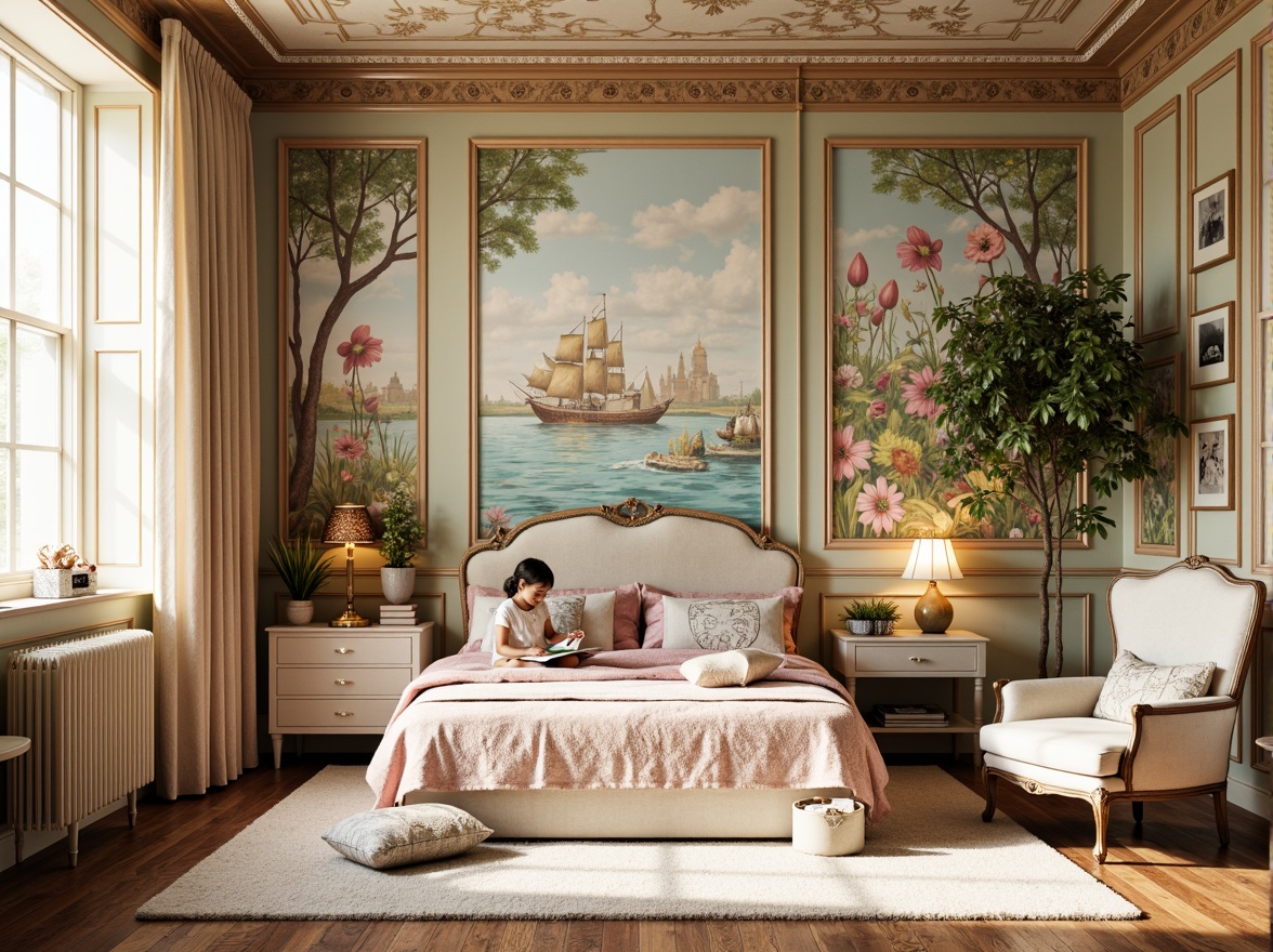 Prompt: Whimsical kid's room, soft pastel colors, ornate wall murals, flowing organic patterns, intricate botanical illustrations, stylized floral motifs, curved lines, sinuous shapes, luxurious velvet fabrics, rich wood paneling, antique furniture, vintage decorative accents, warm golden lighting, cozy reading nooks, plush area rugs, fantasy-inspired wallpaper, dreamy cloud ceilings, elegant moldings, ornate plasterwork, Art Nouveau-inspired typography.