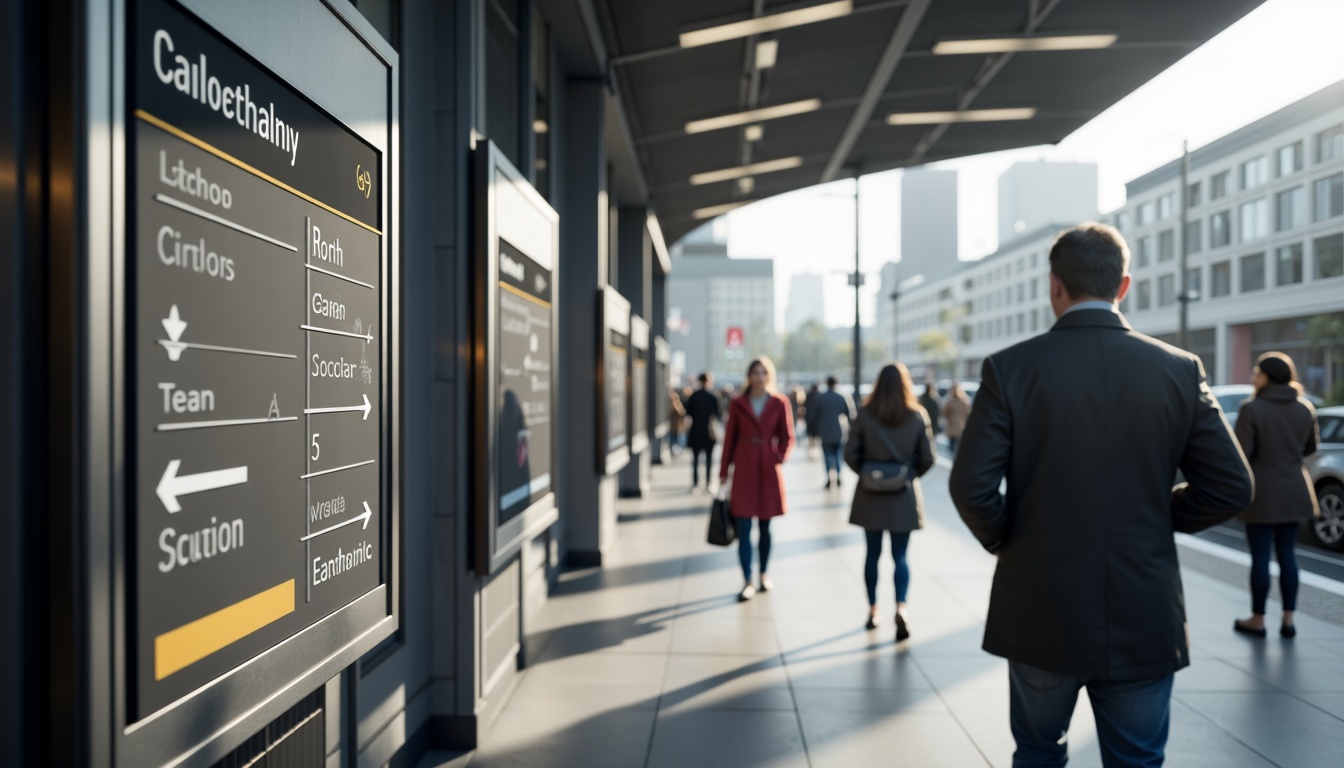 Prompt: Clean and simple signage, modern typography, bold font styles, wayfinding arrows, station names, route maps, electronic displays, real-time information, sleek metal frames, minimalist design, urban atmosphere, busy crowds, rush hour scenes, natural light, soft shadows, shallow depth of field, 1/1 composition, realistic textures, ambient occlusion.