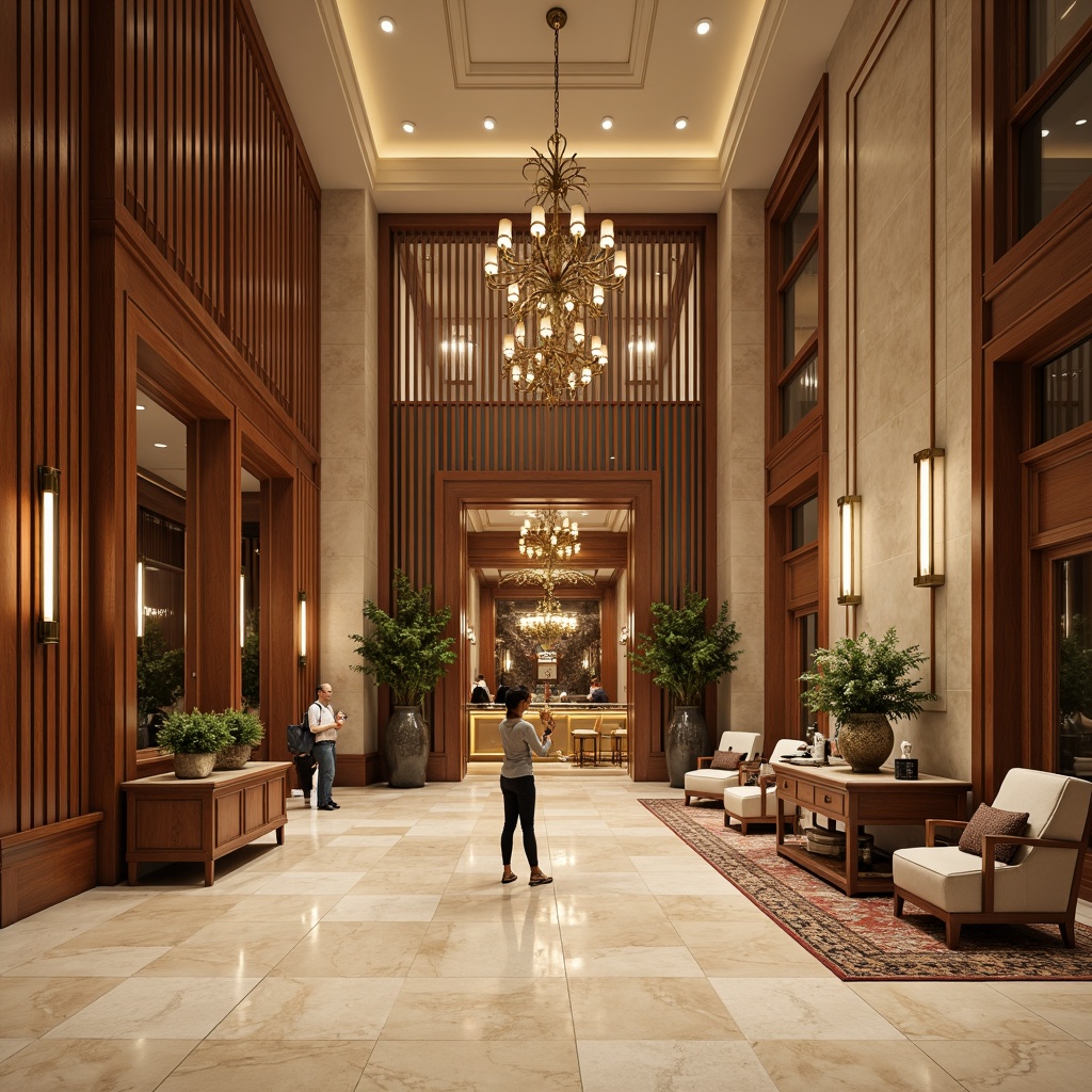 Prompt: Elegant hotel lobby, rich wood tones, luxurious furnishings, ornate chandeliers, creamy marble floors, warm beige walls, soft velvet drapes, antique bronze fixtures, refined gold accents, sophisticated neutral colors, inviting ambient lighting, shallow depth of field, 2/3 composition, symmetrical framing, realistic textures, subtle gradient maps.