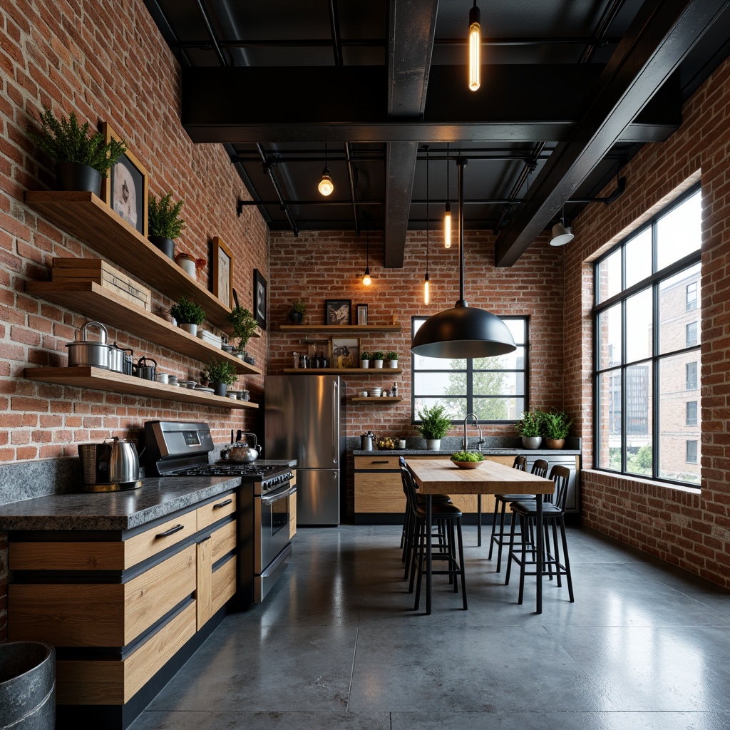 Prompt: Industrial kitchen, exposed brick walls, polished concrete floors, metal beams, minimalist decor, brutalist architecture, open shelving, reclaimed wood accents, Edison light bulbs, matte black fixtures, stainless steel appliances, raw metal countertops, industrial-style sinks, urban loft atmosphere, natural light pouring in, soft shadows, high ceilings, airy feel, 3/4 composition, shallow depth of field, realistic textures.