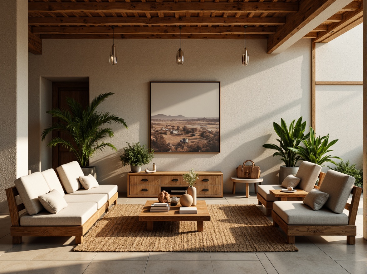 Prompt: Earthy living room, reclaimed wood furniture, natural stone walls, woven bamboo rugs, linen upholstery, jute textiles, organic shapes, earthy color palette, wooden accents, plant decorations, minimal ornamentation, rustic charm, cozy atmosphere, soft warm lighting, shallow depth of field, 3/4 composition, realistic textures, ambient occlusion.